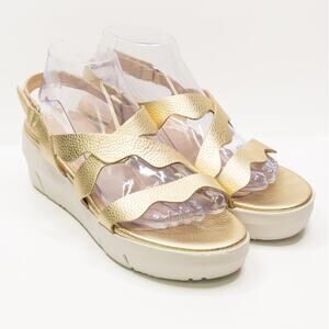 WONDERS FLY Gold Metallic Pebble Leather Strappy Wedge Sandals Sz 40 US 9